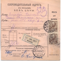 РСФСР. 1919. Сопроводительный адрес к посылке без цены, отправленной из Москвы 14.04.1919.