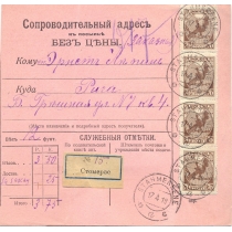 РСФСР. 1919. Сопроводительный адрес к заказной посылке без цены из Стомерае 17.04.1919.
